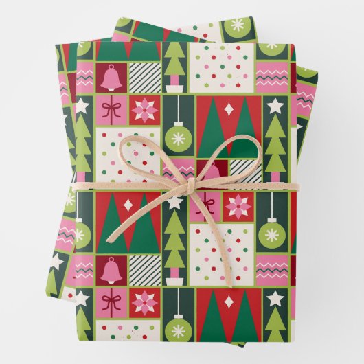 Hübsche Weihnachtsbäume und Ornamente Geschenkpapier Set (Beispiel)