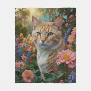 Hübsche weiße orange Katze im Blumen Garten Fleecedecke