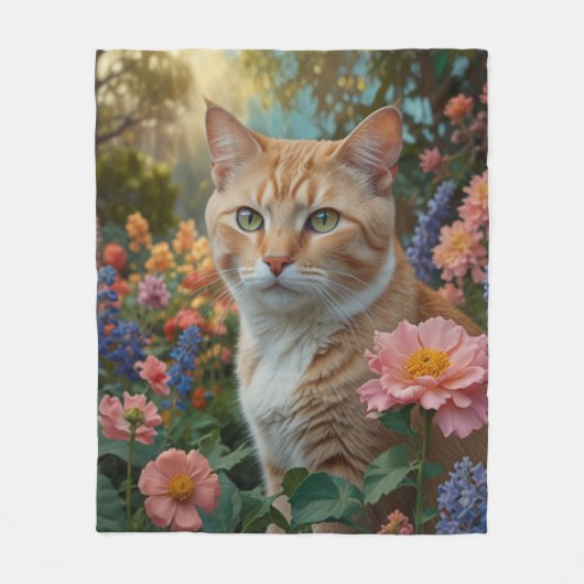Hübsche weiße orange Katze im Blumen Garten Fleecedecke (Vorderseite)