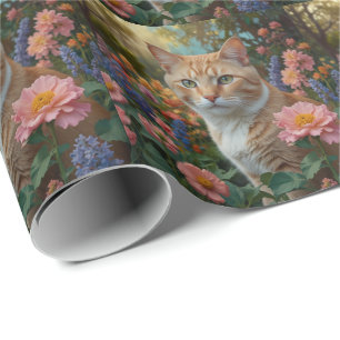Hübsche weiße orange Katze im Blumen Garten Geschenkpapier