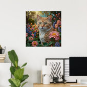 Hübsche weiße orange Katze im Blumen Garten Poster (Heimbüro)