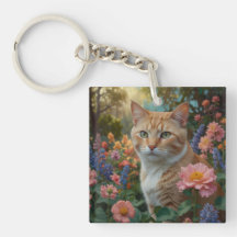 Hübsche weiße orange Katze im Blumen Garten