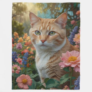 Hübsche weiße orange Katze im Blumengarten Fleecedecke