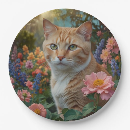Hübsche weiße orange Katze im Blumengarten Pappteller (Vorderseite)