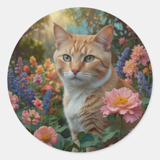 Hübsche weiße orange Katze im Blumengarten Runder Aufkleber (Vorderseite)