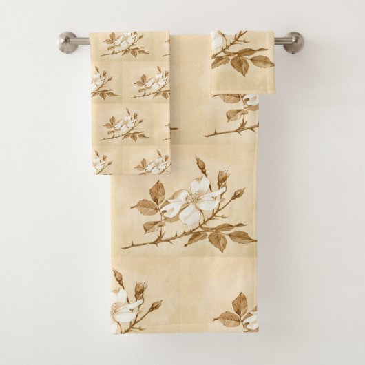 Hübsche weiße Rosen-botanisches Blumenblock-Muster Badhandtuch Set (Insitu)