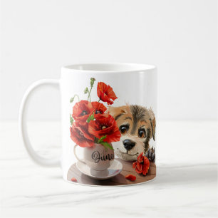 Hübsche Welpen- und Mohnblüten-Blume Kaffeetasse