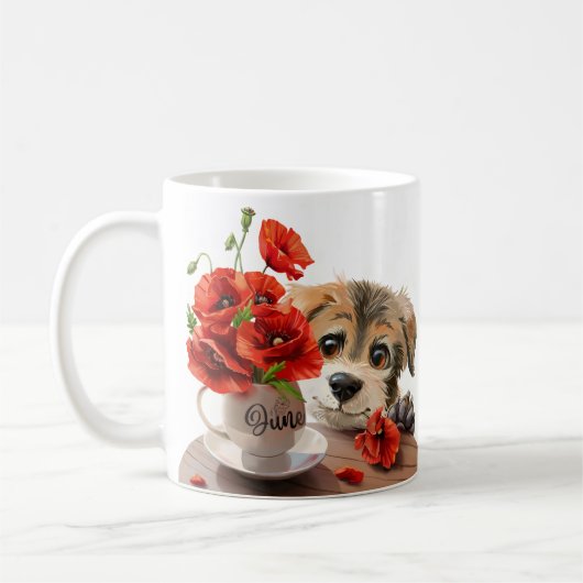 Hübsche Welpen- und Mohnblüten-Blume Kaffeetasse (Links)