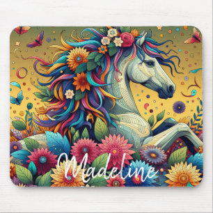 Hübsche Whimsikfarbene Blume und Weißpferd Mousepad