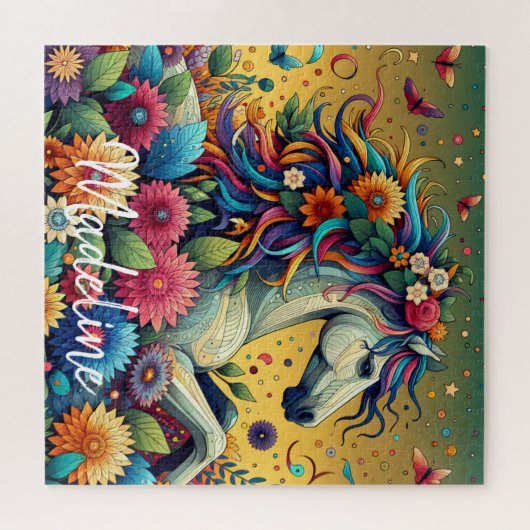 Hübsche Whimsikfarbene Blume und Weißpferd Puzzle (Horizontal)