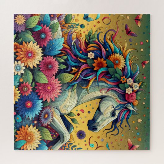 Hübsche Whimsikfarbene Blume und Weißpferd Puzzle (Horizontal)