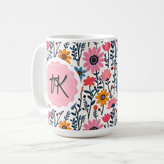 Hübsche Whimsikfarbige Blume Mit Monogramm Kaffeetasse (Vorderseite Links)
