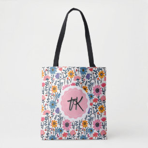 Hübsche Whimsikfarbige Blume Mit Monogramm Tasche