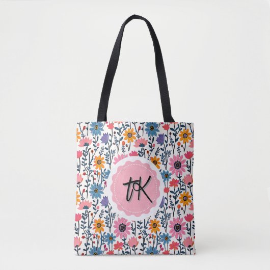 Hübsche Whimsikfarbige Blume Mit Monogramm Tasche (Vorderseite)