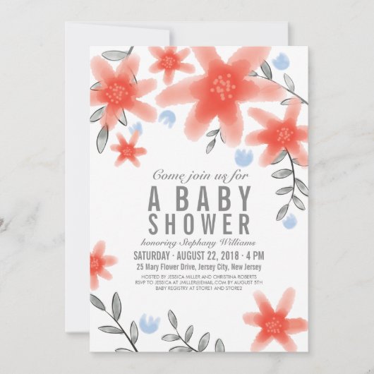 Hübsche Whimsy Red Floral Baby Dusche Einladung (Vorderseite)