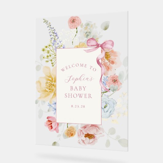 Hübsche Wildblume Pink Bow Babydusche Empfang Acrylschild (Winkel)