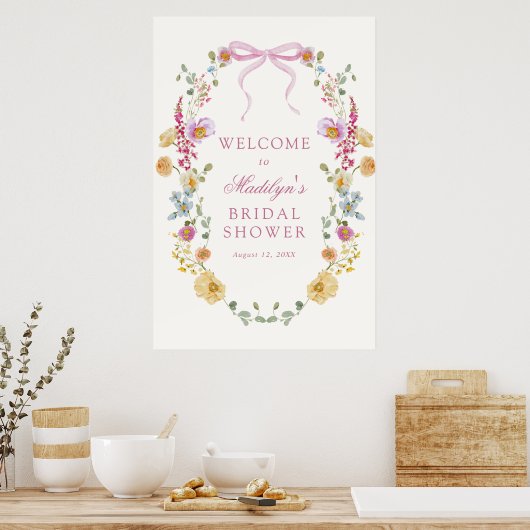 Hübsche Wildblume Pink Bow Brautparty Willkommen Poster (Küche)