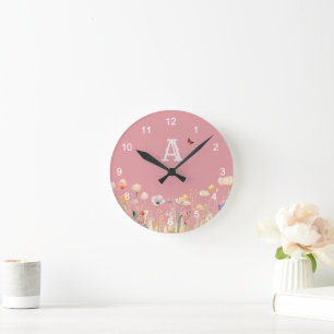 Hübsche Wildblumen für Aquarellfarben und Monogram Runde Wanduhr
