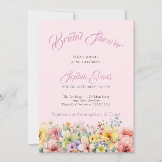 Hübsche Wildblumen Garten Rosa Brautparty Einladung (Vorderseite)