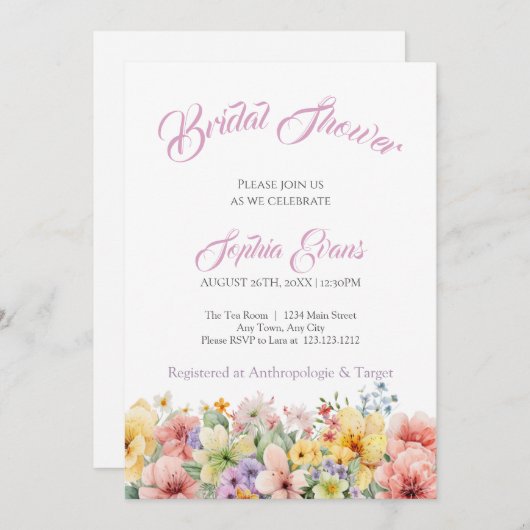 Hübsche Wildblumen Garten Weißes Brautparty Einladung (Vorne/Hinten)