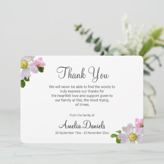 Hübsche Wilde Rose Beerdigung Dankeschön Karte (Stehend Vorderseite)