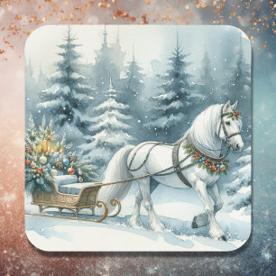 Hübsche Winterlandschaft mit Weißes Pferd im Schne Quadratischer Aufkleber