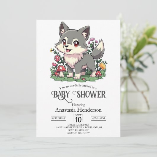 Hübsche Wolf-Babydusche Einladung (Stehend Vorderseite)