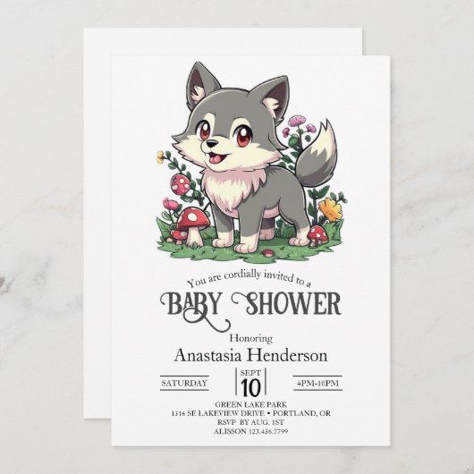 Hübsche Wolf-Babydusche Einladung (Vorne/Hinten)