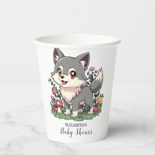 Hübsche Wolf-Babydusche Pappbecher (Vorderseite)