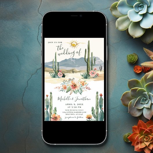 Hübsche Wüstenblütenkaktus auf einer Hochzeit Einladung