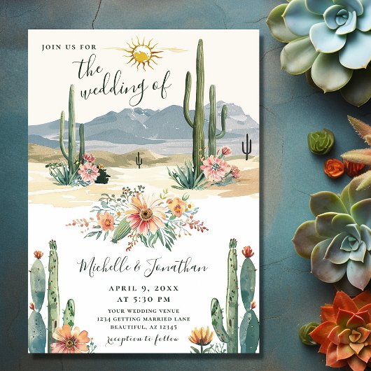 Hübsche Wüstenblütenkaktus auf einer Hochzeit Einladung