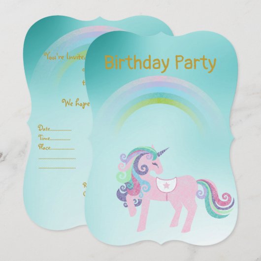 Hübscher Aqua Regenbogen Einhorn Geburtstag Gold Einladung (Vorne/Hinten)