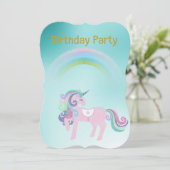 Hübscher Aqua Regenbogen Einhorn Geburtstag Gold Einladung (Stehend Vorderseite)