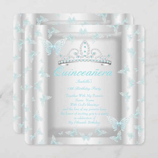 Hübscher Aquamariner Blue Quinceanera Party Tiara  Einladung (Vorne/Hinten)