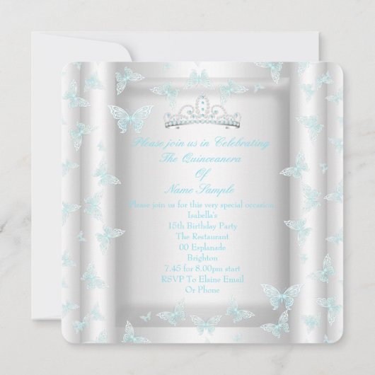 Hübscher Aquamariner Blue Quinceanera Party Tiara Einladung (Rückseite)