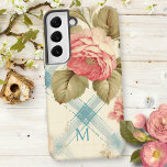 Hübscher Bauernhof Rustikale Monogramm Rosen Samsung Galaxy Hülle<br><div class="desc">Sehr hübsches rustikales/Bauernhaus/Hütte-Design mit rosa Rosen,  schläfengrünem Blattwerk und aquamarin blauen Diagonalfarben-Streifen auf pastellgelben/kräftigen Hintergrund. Enthält ein Textfeld für Ihren Namen,  Ihre Initial- oder Monografie.</div>