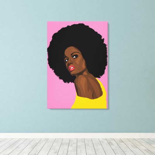 HÜBSCHER BLACK LADY AFRO DRUCKER AUF STRETCHIERTER LEINWANDDRUCK (Insitu (Holzboden))
