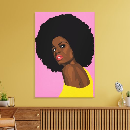 HÜBSCHER BLACK LADY AFRO DRUCKER AUF STRETCHIERTER LEINWANDDRUCK (Insitu (Wohnzimmer))