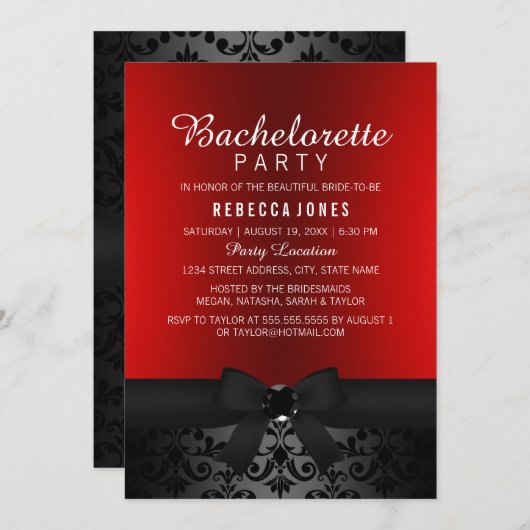 Hübscher Black & Red Bow Junggeselinnen-Abschied l Einladung (Vorne/Hinten)