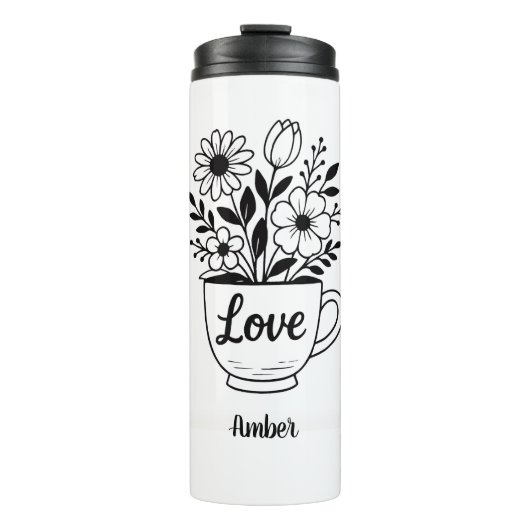 Hübscher Black Tee Cup mit Blume Tumbler Thermosbecher (Vorderseite)