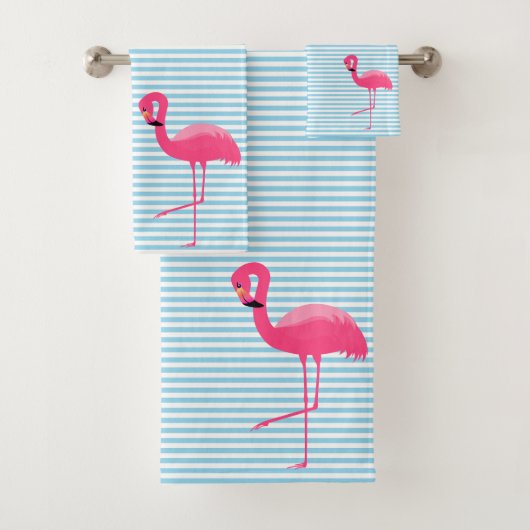 HÜBSCHER BLAUE STRIPE FLAMINGO BADEZIMMER TOWEL SE BADHANDTUCH SET (Insitu)