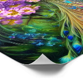 Hübscher blauer Pfau und lila Blüte Poster (Ecke)