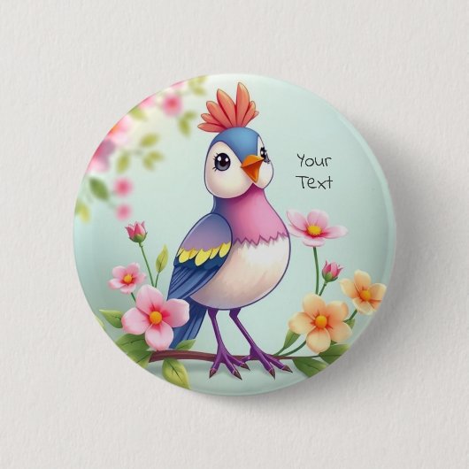 Hübscher blauer rosa Vogel Blumenknopf Button (Vorderseite)