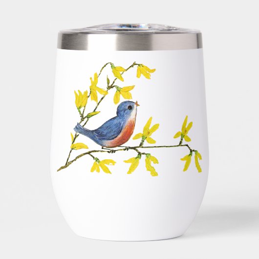 Hübscher Blauer Roter Vogel auf zweigelben Blumen (Vorderseite)