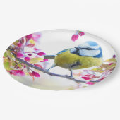 Hübscher Blauer und Gelber Bird auf einem Zweigbil Pappteller (Schrägansicht)