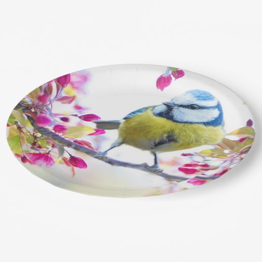 Hübscher Blauer und Gelber Bird auf einem Zweigbil Pappteller (Schrägansicht)