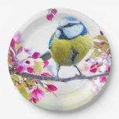 Hübscher Blauer und Gelber Bird auf einem Zweigbil Pappteller (Vorderseite)