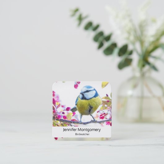 Hübscher Blauer und Gelber Bird auf einem Zweigbil Quadratische Visitenkarte (Stehend Vorderseite)