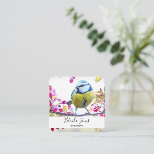 Hübscher Blauer und Gelber Bird auf einem Zweigbil Quadratische Visitenkarte (Stehend Vorderseite)