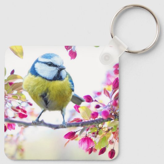 Hübscher Blauer und Gelber Bird auf einem Zweigbil Schlüsselanhänger (Rückseite)